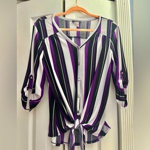 Purple Striped Silky Tie-Front Blouse